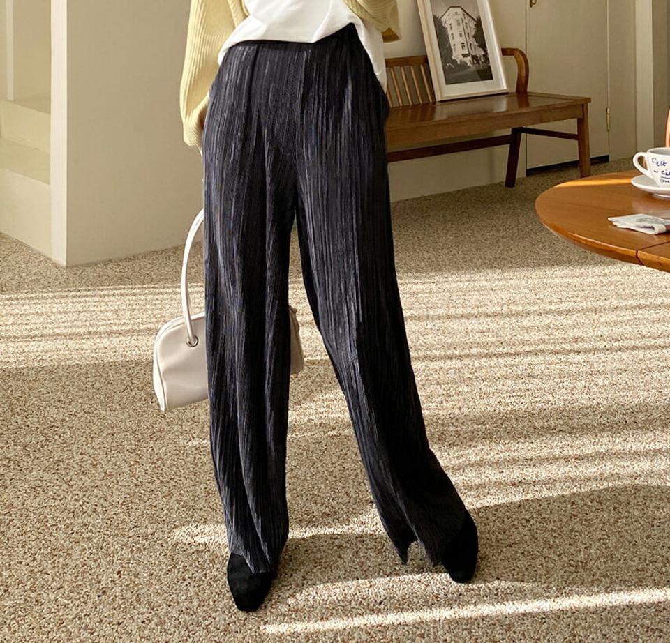 プリーツワイドパンツ・全5色・b66585 レディース 【pt】韓国ファッション ボトムス ロング ロングパンツ プリーツ ワイドパンツ ハイウエスト ストレート ワイド 体型カバー ウエストゴム シンプル フェミニン カジュアル 秋 冬