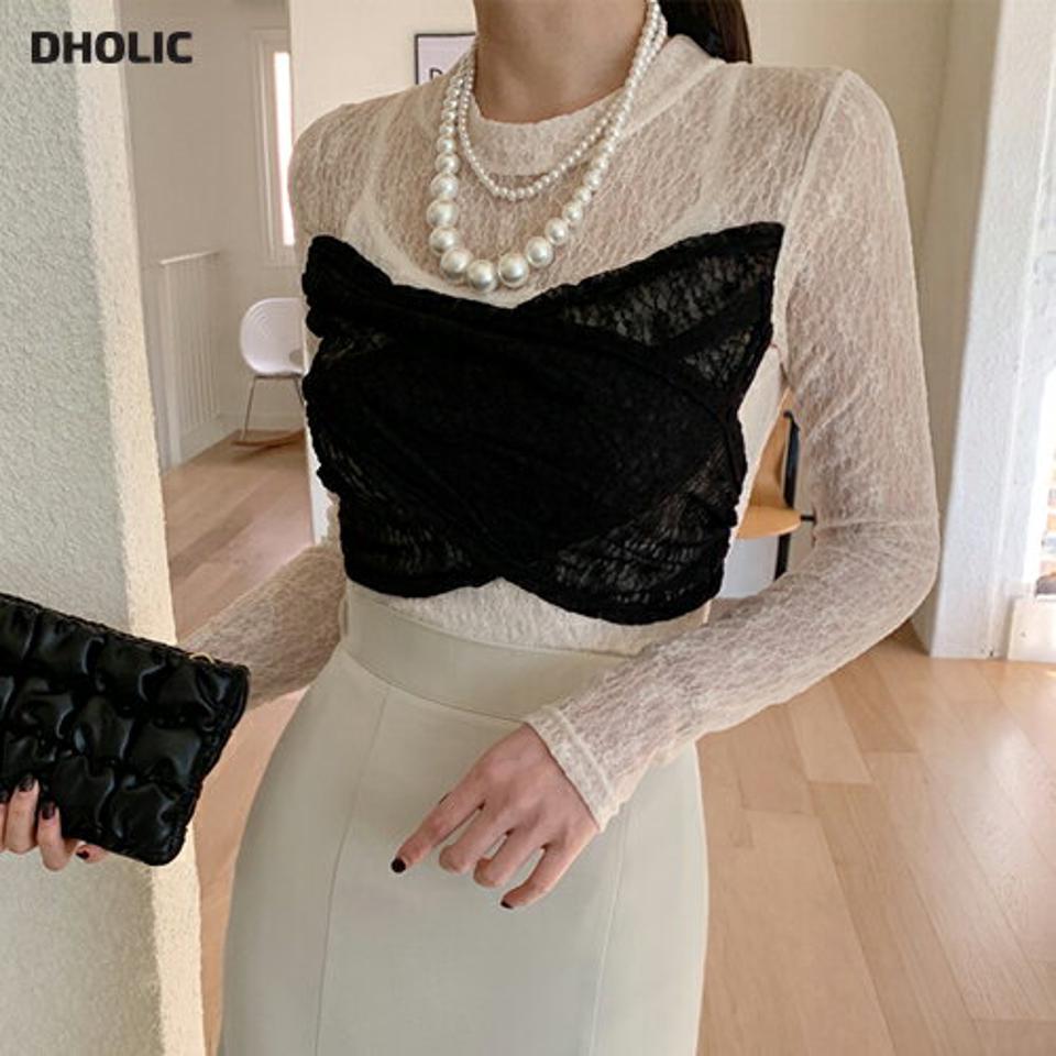 レースシースルークロスブラウス・全3色・k71646 レディース 【bl】トップス ブラウス 長袖 透け感 シアー シースルー クロス フェミニン 大人 きれいめ 春 秋 冬 韓国ファッション ハイホリHIHOLLI