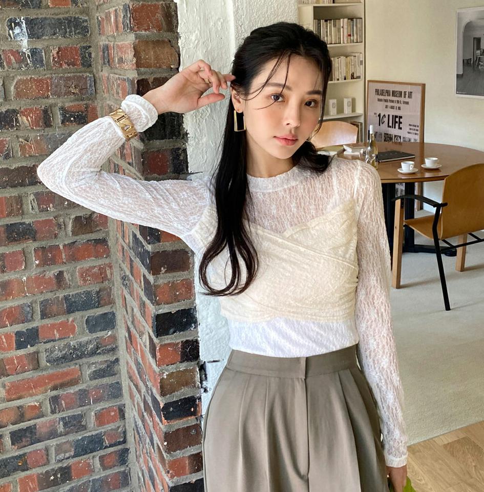 レースシースルークロスブラウス・全3色・k71646 レディース 【bl】トップス ブラウス 長袖 透け感 シアー シースルー クロス フェミニン 大人 きれいめ 春 秋 冬 韓国ファッション ハイホリHIHOLLI