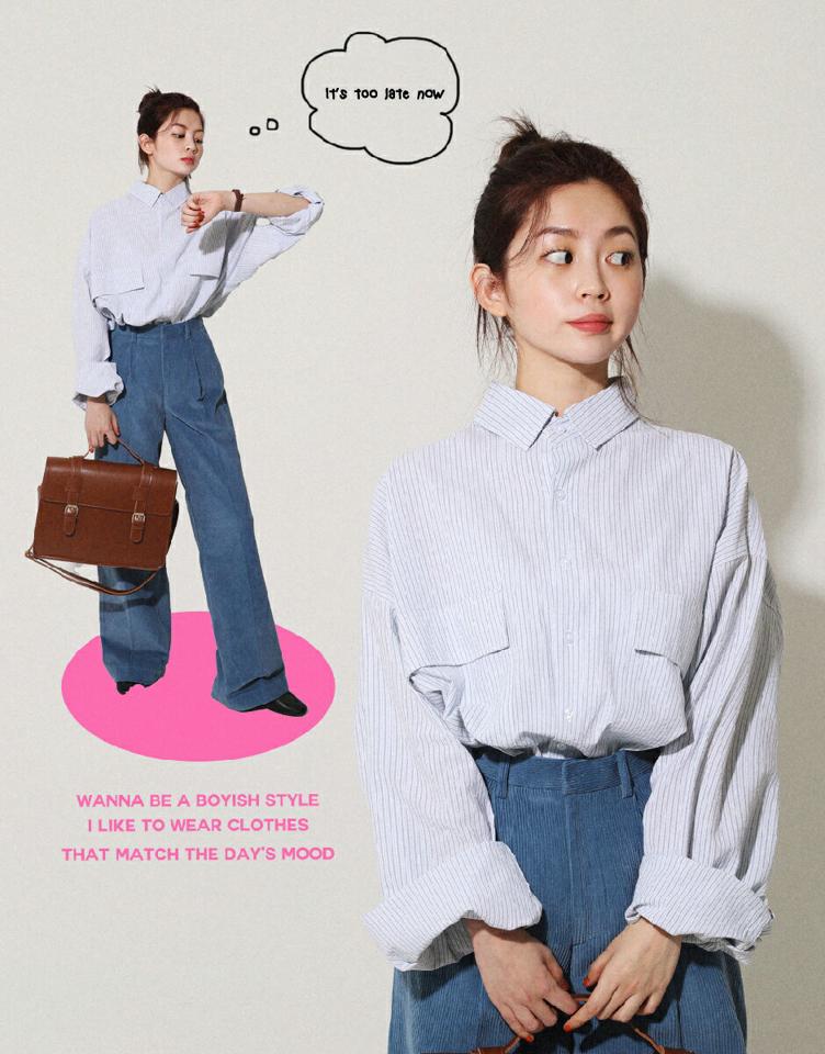 ストライプポケットボクシーシャツ・全4色・a00036 レディース 【bl】韓国ファッション トップス シャツ 長袖 カラーネック ストライプ ポケット ボクシーシャツ シンプル カジュアル フェミニン ルーズ オフィスカジュアル ガーリー 春 秋 冬