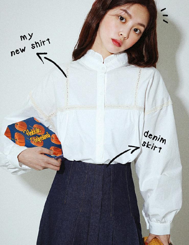 レースラインフリルブラウス・全1色・t00065 レディース 【bl】韓国ファッション トップス ブラウス 長袖 バンドカラー レースライン フリル カフス ボタン ギャザー 無地 シンプル 大人 体型カバー ルーズ カジュアル フェミニン 春 秋 冬