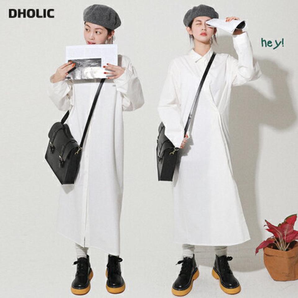 2WAYシャツワンピース・全2色・t00034 レディース 【ops】韓国ファッション ワンピース ロングワンピース 長袖 カラーネック リボン シャツワンピース カフス ボタン ロング丈 無地 シンプル 体型カバー カジュアル 秋 冬