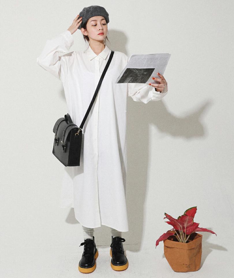 2WAYシャツワンピース・全2色・t00034 レディース 【ops】韓国ファッション ワンピース ロングワンピース 長袖 カラーネック リボン シャツワンピース カフス ボタン ロング丈 無地 シンプル 体型カバー カジュアル 秋 冬