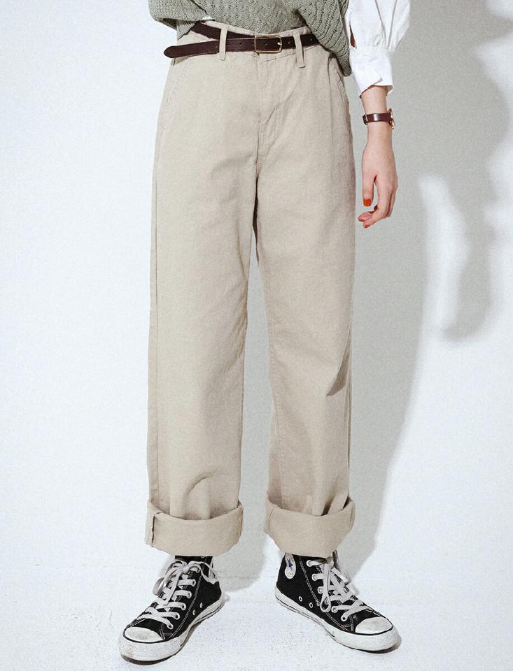 コットンワイドパンツ・全4色・a00060 レディース 【pt】韓国ファッション ボトムス ロング ロングパンツ コットン ワイドパンツ ストレート ベルトループ 無地 シンプル フェミニン カジュアル 足長 秋 冬