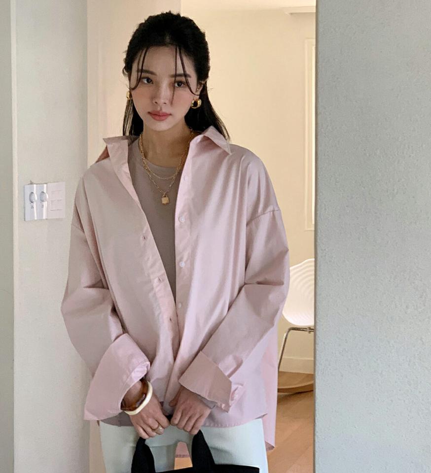 パステルオーバーシャツ・全6色・t71593 レディース 【bl】トップス シャツ 長袖 ゆったり オーバーサイズ 単色 無地 シンプル ベーシック 大人 きれいめ オフィスカジュアル 春 秋 冬 韓国ファッション ハイホリHIHOLLI