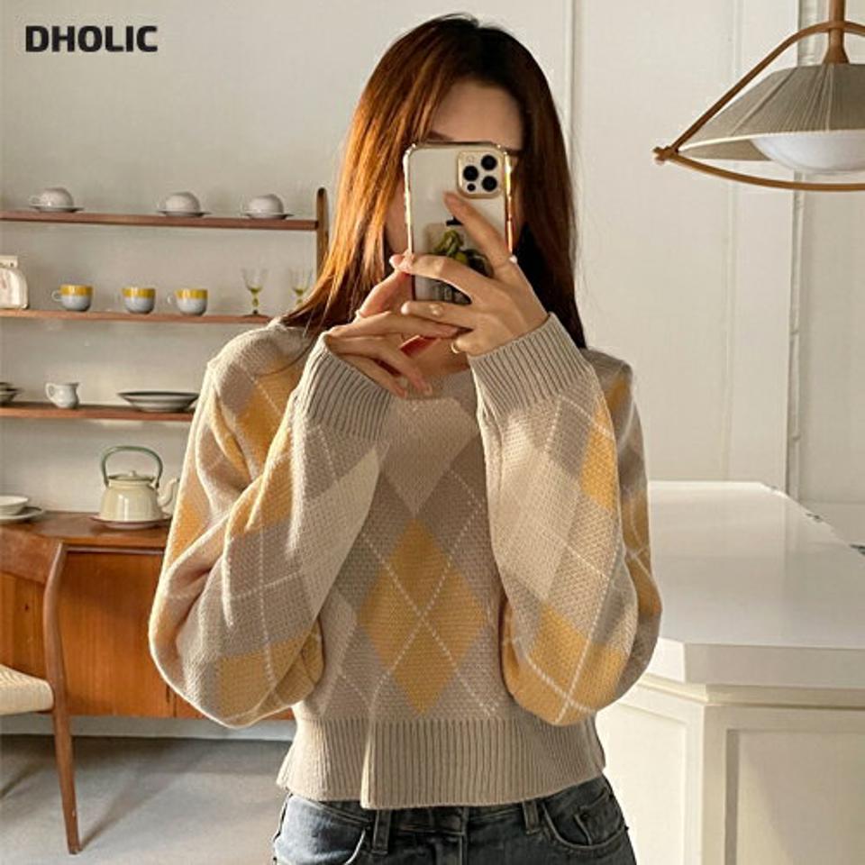 【只今10%OFF】クロップドアーガイルニット・全5色・t63297 レディース 【tops】韓国ファッション トップス ニット 大人 長袖 ラウンドネック クロップド丈 アーガイルパターン 柄ニット リブ シンプル 体型カバー カジュアル 秋 冬【ニットセール】
