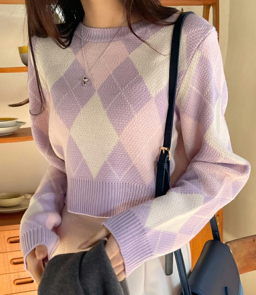 【只今10%OFF】クロップドアーガイルニット・全5色・t63297 レディース 【tops】韓国ファッション トップス ニット 大人 長袖 ラウンドネック クロップド丈 アーガイルパターン 柄ニット リブ シンプル 体型カバー カジュアル 秋 冬【ニットセール】