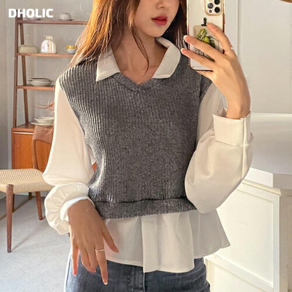 【只今10%OFF】ドッキングリブニット・全5色・t63300 レディース 【tops】韓国ファッション トップス ニット 大人 長袖 カラーネック Vネック ドッキング リブ フレアヘム 異素材 シンプル 体型カバー カジュアル デイリー 秋 冬【ニットセール】