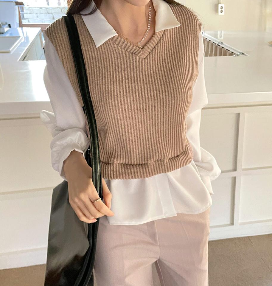 【只今10%OFF】ドッキングリブニット・全5色・t63300 レディース 【tops】韓国ファッション トップス ニット 大人 長袖 カラーネック Vネック ドッキング リブ フレアヘム 異素材 シンプル 体型カバー カジュアル デイリー 秋 冬【ニットセール】