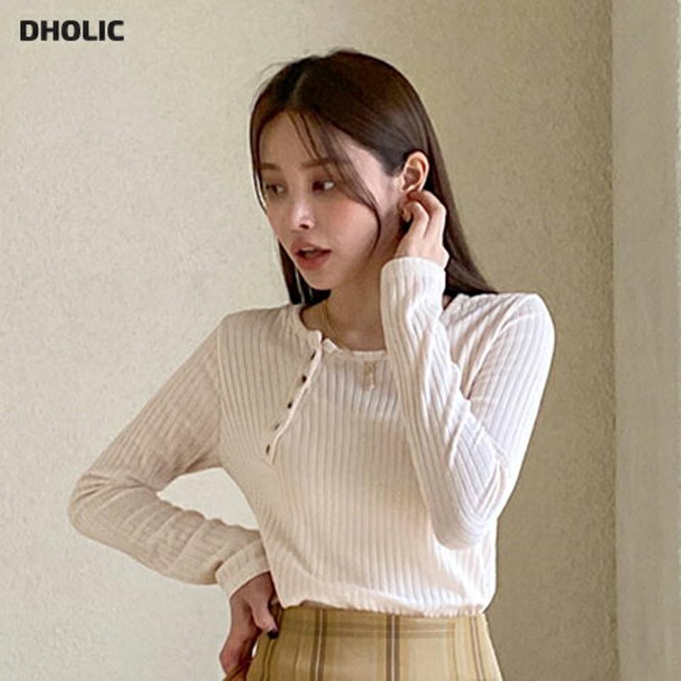 ネックボタンリブニット・全4色・t71586 レディース 【tops】トップス ニット 長袖 リブニット ボタン 単色 シンプル カジュアル 大人 スリム 秋 冬 韓国ファッション ハイホリHIHOLLI