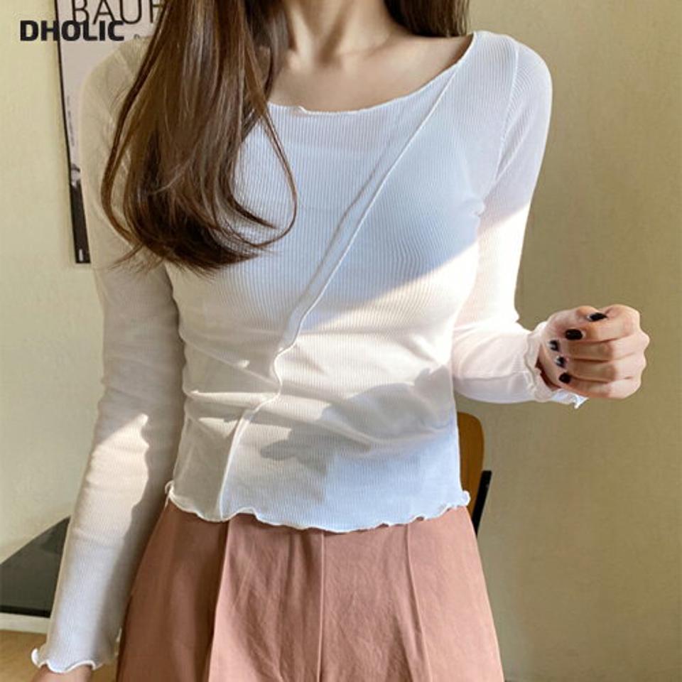 メロウダイアゴナルラインTシャツ・全4色・t71604 レディース 【tops】トップス Tシャツ 長袖 ダイアゴナル メロウ クロップド丈 ボートネック ウェーブライン シンプル かわいい 可愛い 大人 春 秋 冬 韓国ファッション ハイホリHIHOLLI