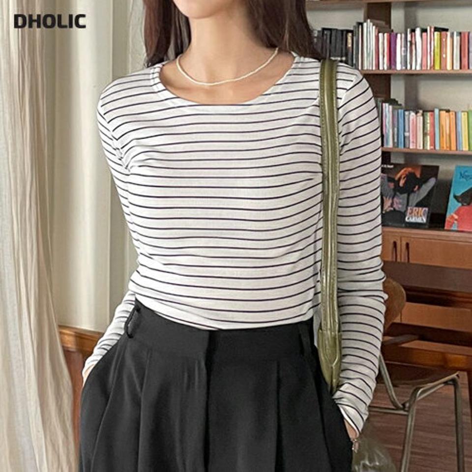 ボーダーリブTシャツ・全5色・t63294 レディース 【tops】韓国ファッション トップス Tシャツ 大人 長袖 ラウンドネック ボーダー リブ スリム シンプル 体型カバー 細身 フェミニン カジュアル 秋 冬
