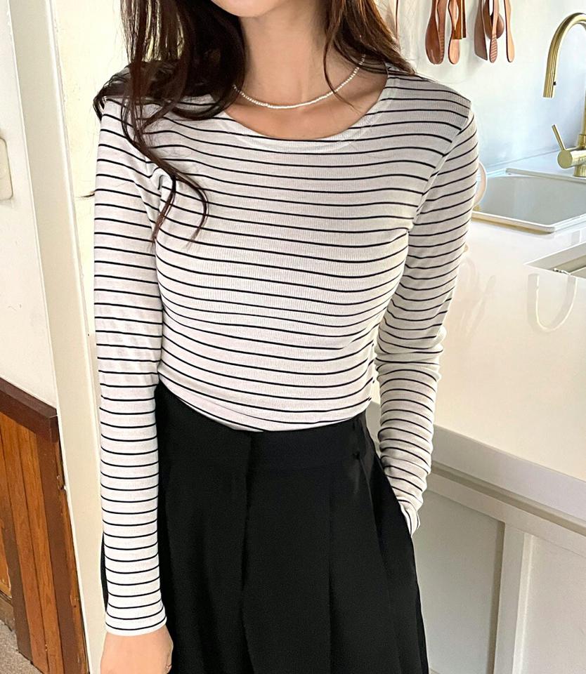 ボーダーリブTシャツ・全5色・t63294 レディース 【tops】韓国ファッション トップス Tシャツ 大人 長袖 ラウンドネック ボーダー リブ スリム シンプル 体型カバー 細身 フェミニン カジュアル 秋 冬