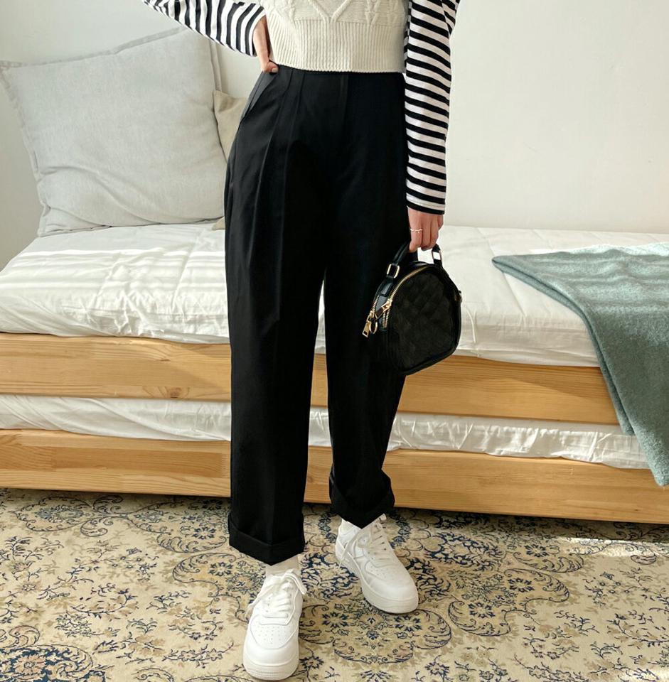 ツータックワイドパンツ・全2色・t00085 レディース 【pt】韓国ファッション ボトムス ロング ロングパンツ ツータック ワイドパンツ ハイウエスト ストレート ベルトループ 無地 シンプル 体型カバー フェミニン カジュアル 秋 冬