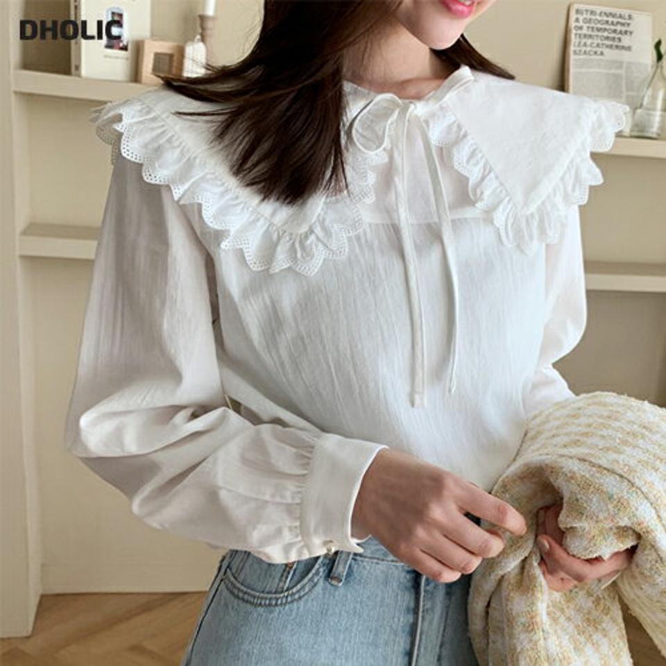 レースカラー付パール調ボタンブラウス・全2色・b00094 レディース 【bl】韓国ファッション トップス ブラウス 長袖 ラウンドネック 襟コンシャス レースカラー パール調 リボン シンプル カジュアル フェミニン 体型カバー ガーリー 春 秋 冬