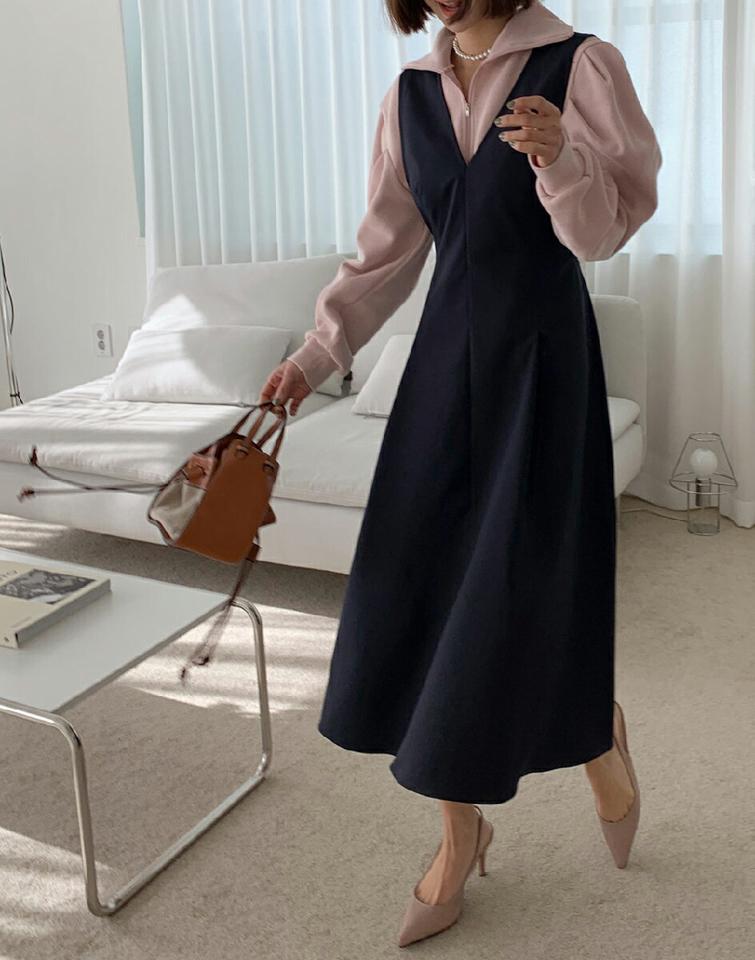 2WAYVネックノースリワンピース・全3色・t63362 レディース 【ops】韓国ファッション ワンピース ロングワンピース ノースリーブ Vネック リボン スリム ロング丈 シンプル ガーリー 体型カバー フェミニン カジュアル 秋 冬