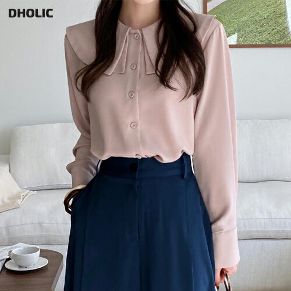 ビッグカラーボタンブラウス・全3色・b71619 レディース 【bl】トップス ブラウス 長袖 襟コン 単色 無地 シンプル 大人 かわいい 可愛い フェミニン ガーリー 春 秋 冬 韓国ファッション ハイホリHIHOLLI