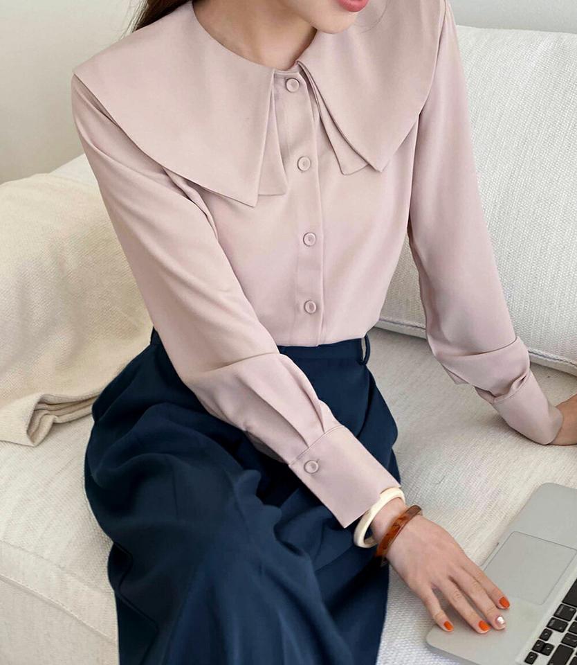 ビッグカラーボタンブラウス・全3色・b71619 レディース 【bl】トップス ブラウス 長袖 襟コン 単色 無地 シンプル 大人 かわいい 可愛い フェミニン ガーリー 春 秋 冬 韓国ファッション ハイホリHIHOLLI