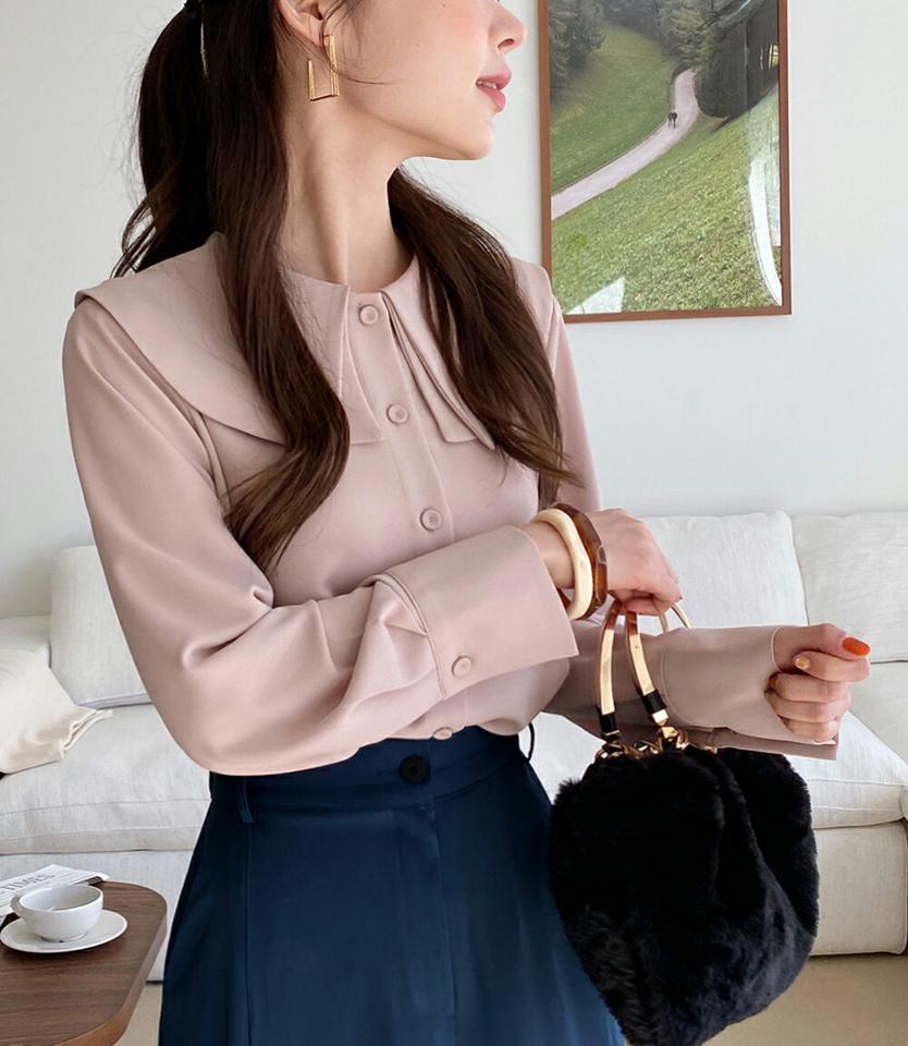 ビッグカラーボタンブラウス・全3色・b71619 レディース 【bl】トップス ブラウス 長袖 襟コン 単色 無地 シンプル 大人 かわいい 可愛い フェミニン ガーリー 春 秋 冬 韓国ファッション ハイホリHIHOLLI