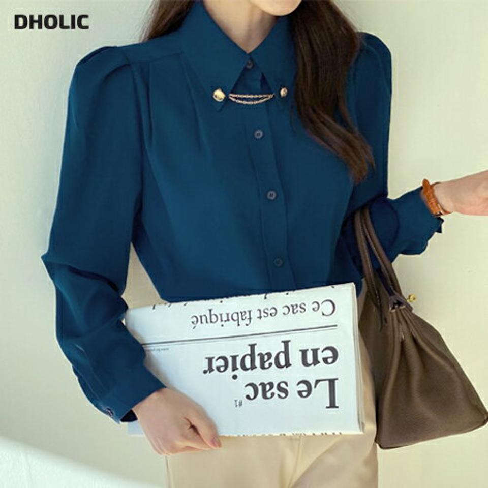 チェーン付パフスリーブカラーシャツ・全4色・b71630 レディース 【bl】トップス シャツ 長袖 パフスリーブ パフ袖 襟コン シンプル 単色 大人 きれいめ 春 秋 韓国ファッション ハイホリHIHOLLI