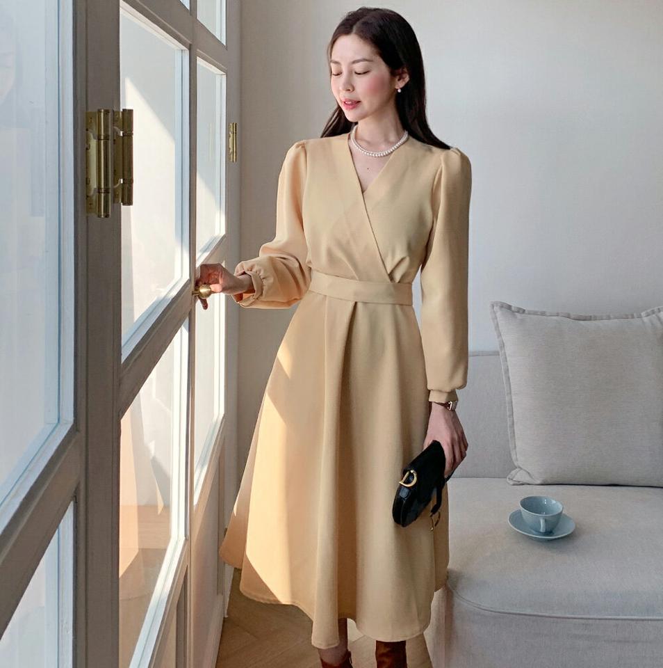 ストラップ付カシュクールワンピース・全3色・t00075 レディース 【ops】韓国ファッション ワンピース ロングワンピース 長袖 Vネック ストラップ付 カシュクール ロング丈 無地 シンプル ルーズ 体型カバー カジュアル 秋 冬
