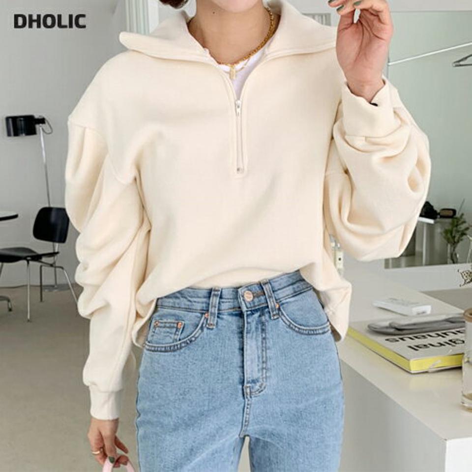 ハーフジップパフTシャツ・全3色・t63361 レディース 【tops】韓国ファッション トップス Tシャツ 大人 長袖 カラーネック ハーフジップ パフスリーブ クロップド丈 無地 シンプル 体型カバー 細身 フェミニン カジュアル 秋 冬