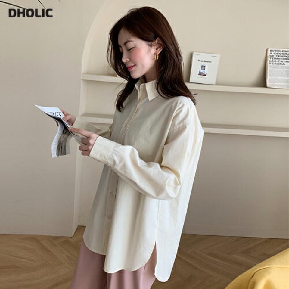 アンバランスラウンドヘムシャツ・全5色・t00072 レディース 【bl】韓国ファッション トップス シャツ 長袖 カラーネック アンバランス ラウンドヘム スリット ルーズ 無地 ベーシック シンプル カジュアル フェミニン 体型カバー ガーリー 春 秋 冬