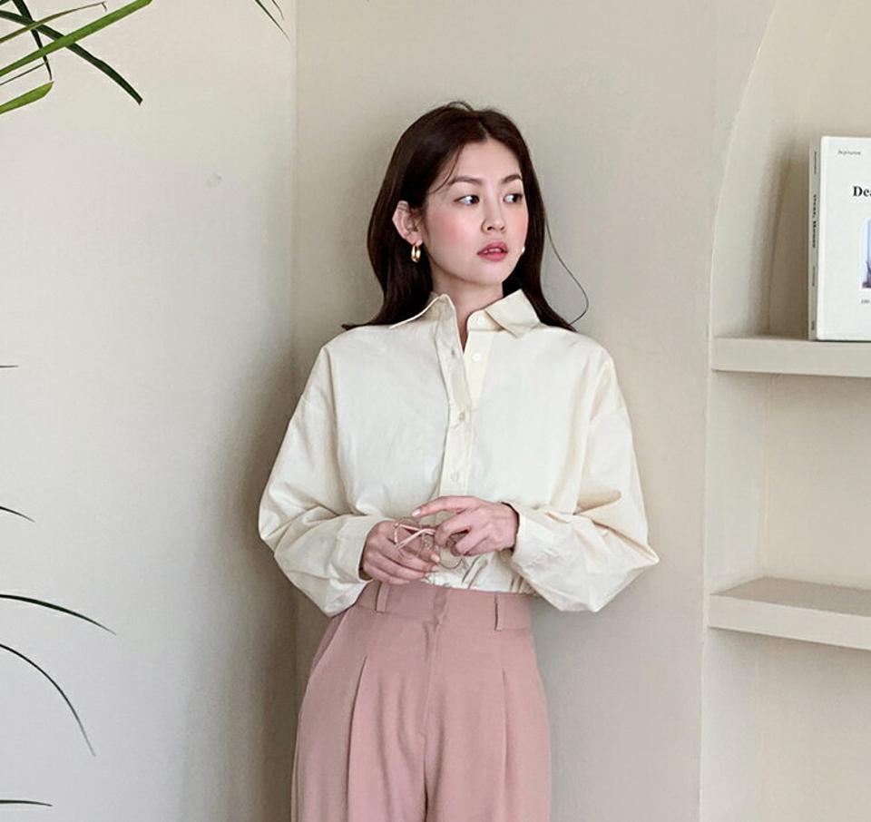 アンバランスラウンドヘムシャツ・全5色・t00072 レディース 【bl】韓国ファッション トップス シャツ 長袖 カラーネック アンバランス ラウンドヘム スリット ルーズ 無地 ベーシック シンプル カジュアル フェミニン 体型カバー ガーリー 春 秋 冬