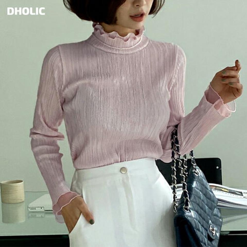 フリルネックプリーツTシャツ・全8色・b63382 レディース 【tops】韓国ファッション トップス Tシャツ 大人 長袖 ハーフネック ネックフリル パステル 水色 プリーツ レース ウェーブ シンプル 細身 フェミニン カジュアル 秋 冬