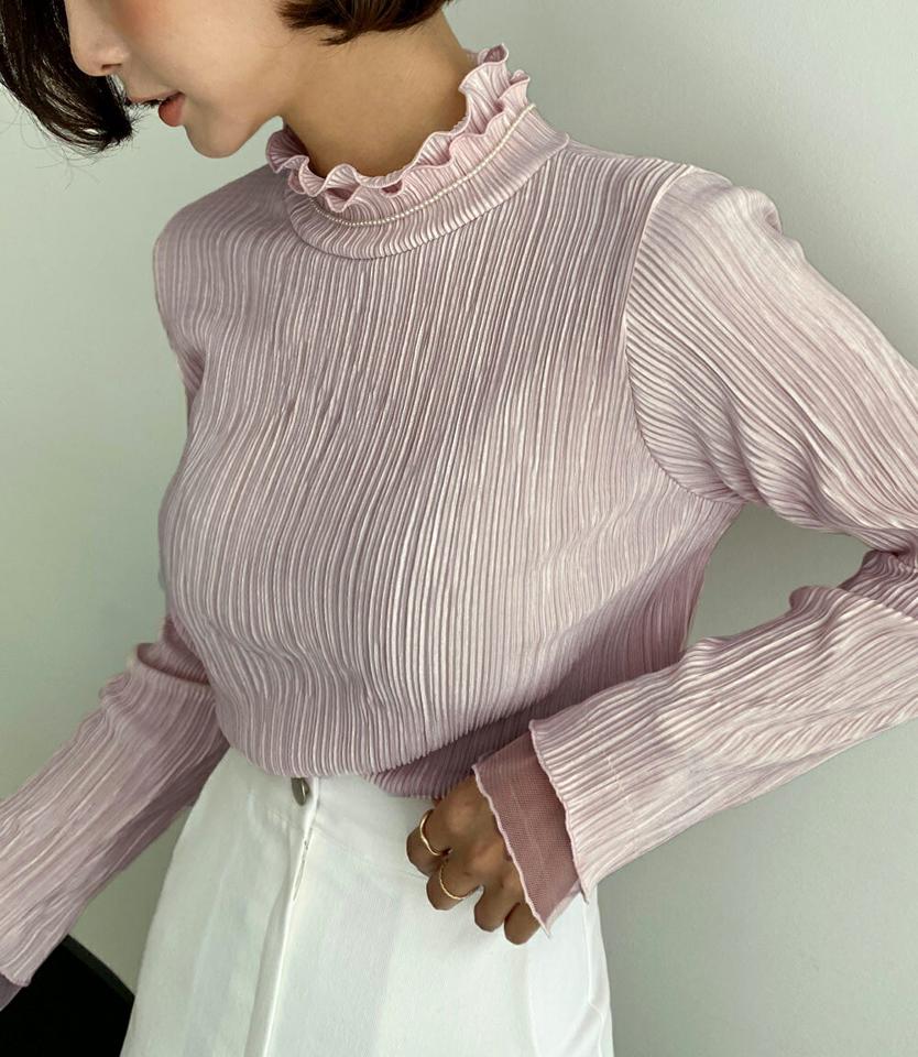 フリルネックプリーツTシャツ・全8色・b63382 レディース 【tops】韓国ファッション トップス Tシャツ 大人 長袖 ハーフネック ネックフリル パステル 水色 プリーツ レース ウェーブ シンプル 細身 フェミニン カジュアル 秋 冬