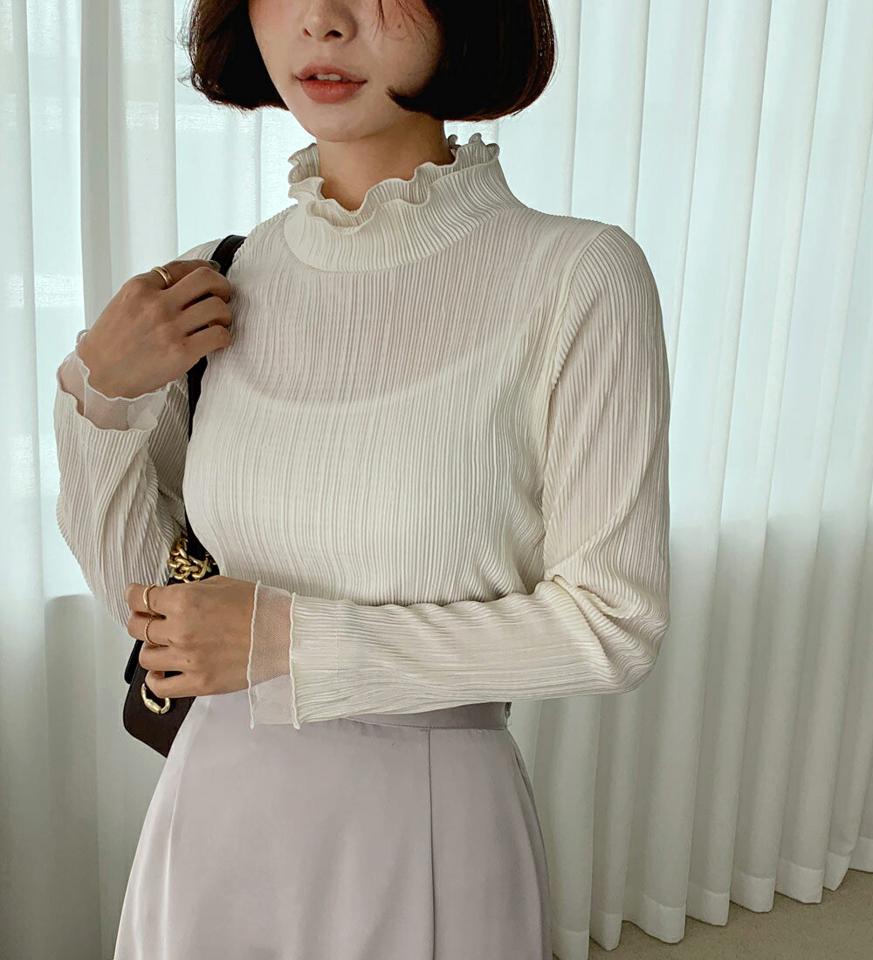 フリルネックプリーツTシャツ・全8色・b63382 レディース 【tops】韓国ファッション トップス Tシャツ 大人 長袖 ハーフネック ネックフリル パステル 水色 プリーツ レース ウェーブ シンプル 細身 フェミニン カジュアル 秋 冬