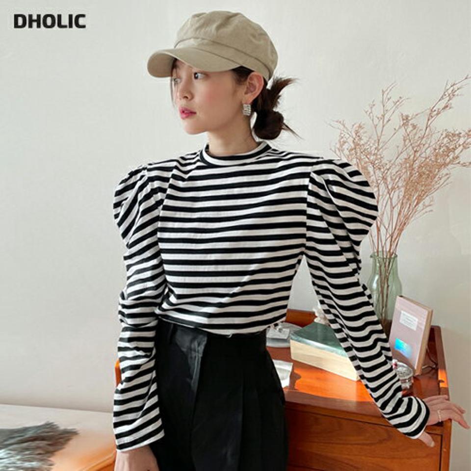 パフボーダーTシャツ・全2色・t00066 レディース 【tops】韓国ファッション トップス Tシャツ 大人 長袖 ラウンドネック ボーダー パフスリーブ 配色 シンプル 体型カバー 細身 フェミニン カジュアル 秋 冬