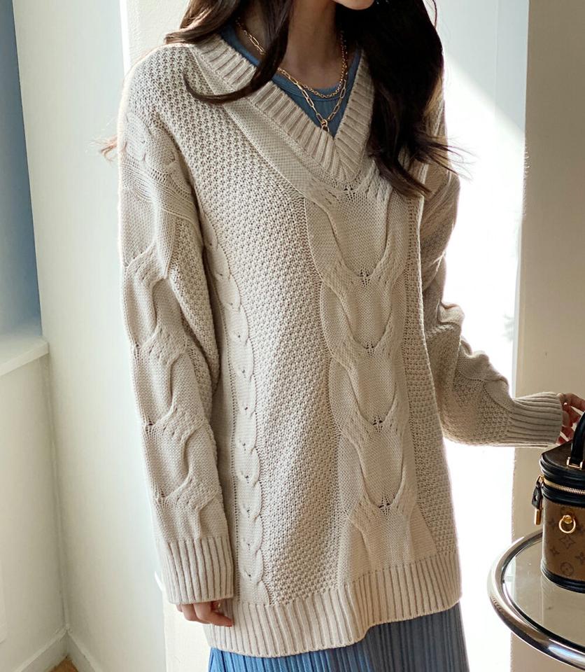 Vネックケーブルロングニット・全5色・t71623 レディース 【tops】トップス ニット 長袖 ケーブルニット Vネック 編み カジュアル ラフ 大人 ルーズ アクリルニット 秋 冬 韓国ファッション ハイホリHIHOLLI