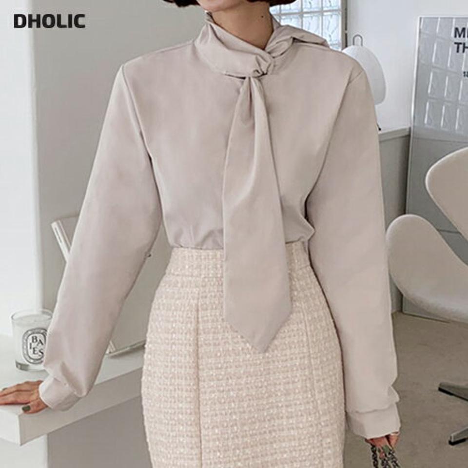 リボンブラウス・全3色・t63356 レディース 【bl】韓国ファッション トップス ブラウス 長袖 ネックリボン 襟コンシャス ボタン 無地 シンプル カジュアル フェミニン 体型カバー ガーリー 春 秋 冬