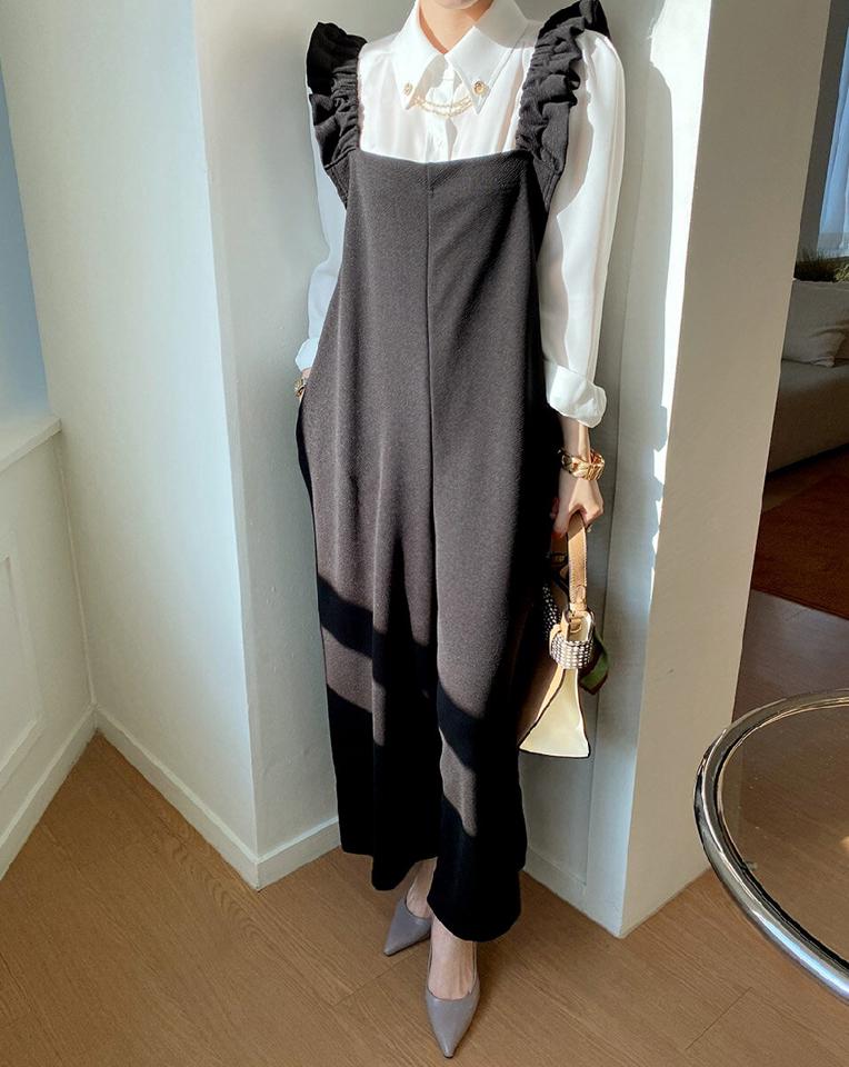 ≪人気商品再入荷≫フリルオールインワン・全2色・b71626 レディース 【pt】オールインワン スリーブレス ノースリーブ れヤード フリル シンプル かわいい 可愛い パンツ ワイド 大人 ロングパンツ まま ママ 高見え 春 秋 冬 韓国ファッション HIHOLLI