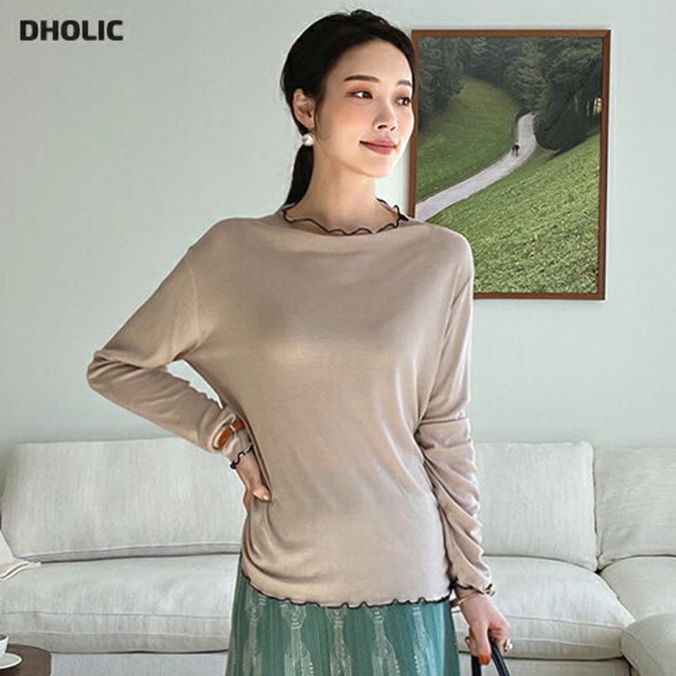 ハーフネック配色ウェーブTシャツ・全5色・t71620 レディース 【tops】トップス Tシャツ 長袖 halfネック シンプル 大人 カジュアル かわいい ラフ 春 秋 冬 韓国ファッション ハイホリHIHOLLI