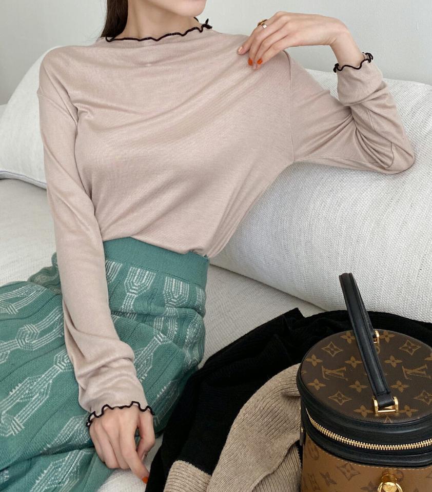 ハーフネック配色ウェーブTシャツ・全5色・t71620 レディース 【tops】トップス Tシャツ 長袖 halfネック シンプル 大人 カジュアル かわいい ラフ 春 秋 冬 韓国ファッション ハイホリHIHOLLI