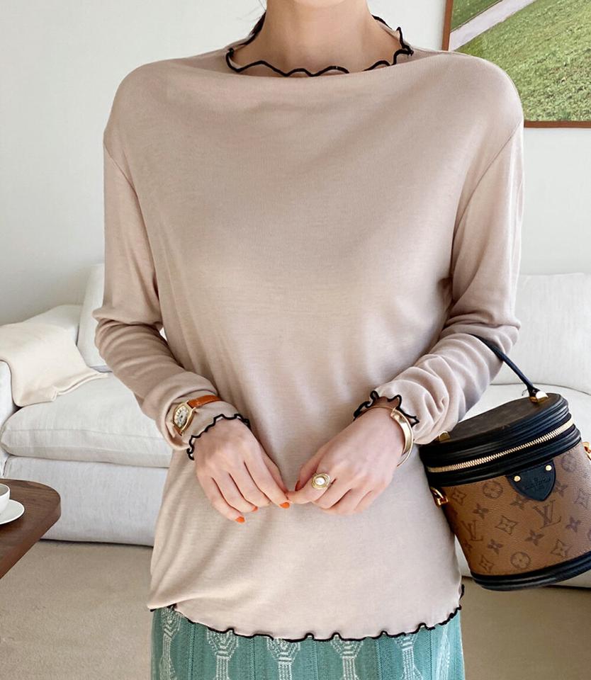 ハーフネック配色ウェーブTシャツ・全5色・t71620 レディース 【tops】トップス Tシャツ 長袖 halfネック シンプル 大人 カジュアル かわいい ラフ 春 秋 冬 韓国ファッション ハイホリHIHOLLI