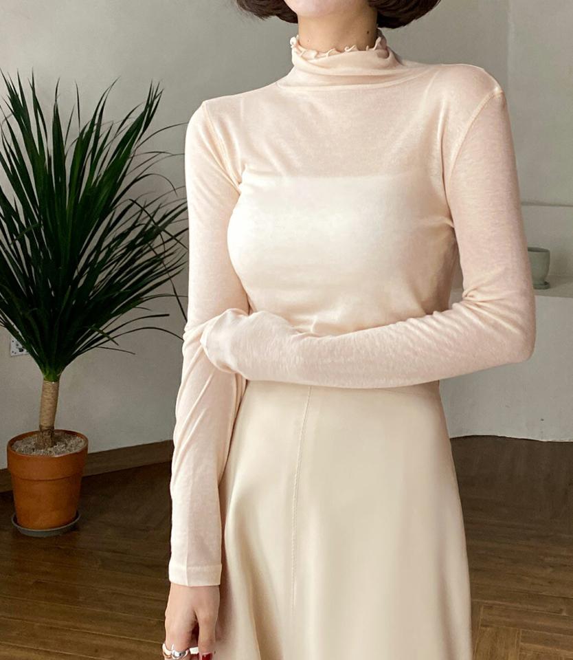 シアーメロウタートルネックTシャツ・全7色・b66178 レディース 【tops】韓国ファッション トップス Tシャツ 大人 長袖 トルネック シアー パステル メロウ スリム 無地 シンプル 細身 フェミニン カジュアル デイリー 秋 冬