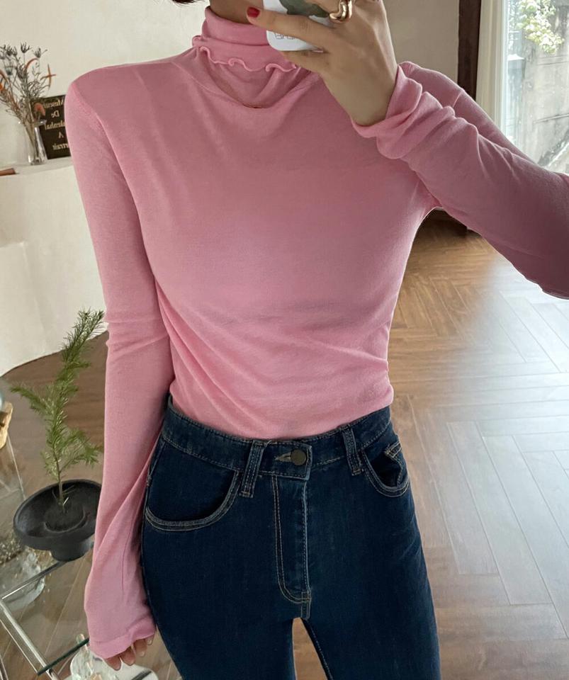 シアーメロウタートルネックTシャツ・全7色・b66178 レディース 【tops】韓国ファッション トップス Tシャツ 大人 長袖 トルネック シアー パステル メロウ スリム 無地 シンプル 細身 フェミニン カジュアル デイリー 秋 冬