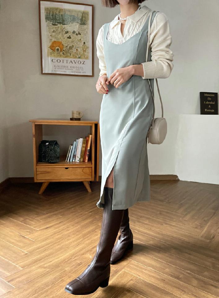 スリットノースリワンピース・全4色・t66179 レディース 【ops】韓国ファッション ワンピース ミディ ミディワンピース Vネック ノースリーブ スリーブレス スリット フレア 大人 ミディグ丈 無地 シンプル 秋 冬