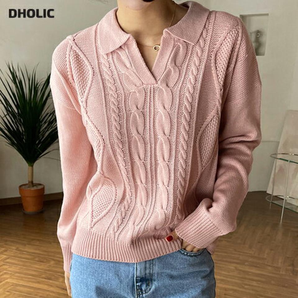 オープンカラーケーブル編みニット・全5色・t66157 レディース 【tops】韓国ファッション トップス ニット 大人 長袖 オープンカラー ケーブル編み スリット カラーニット ルーズ リブ シンプル 体型カバー フェミニン カジュアル 秋 冬