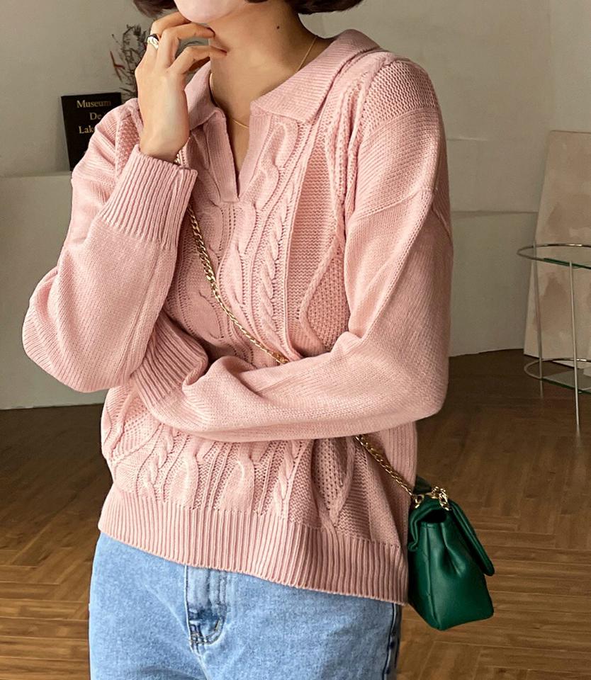 オープンカラーケーブル編みニット・全5色・t66157 レディース 【tops】韓国ファッション トップス ニット 大人 長袖 オープンカラー ケーブル編み スリット カラーニット ルーズ リブ シンプル 体型カバー フェミニン カジュアル 秋 冬