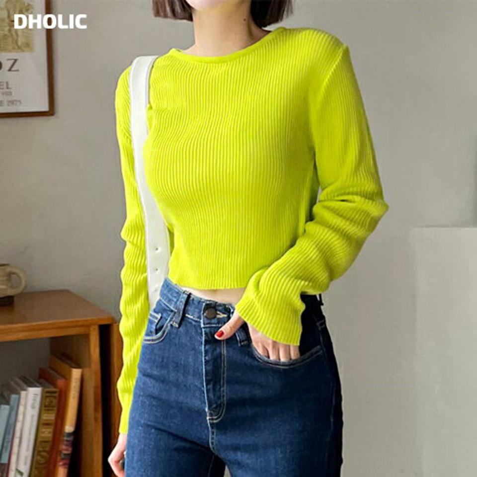 【只今10%OFF】リブクロップドニット・全5色・t66153 レディース 【tops】韓国ファッション トップス ニット 大人 長袖 ラウンドネック リブ クロップド丈 カラーニット スリム シンプル 体型カバー フェミニン カジュアル 秋 冬【ニットセール】