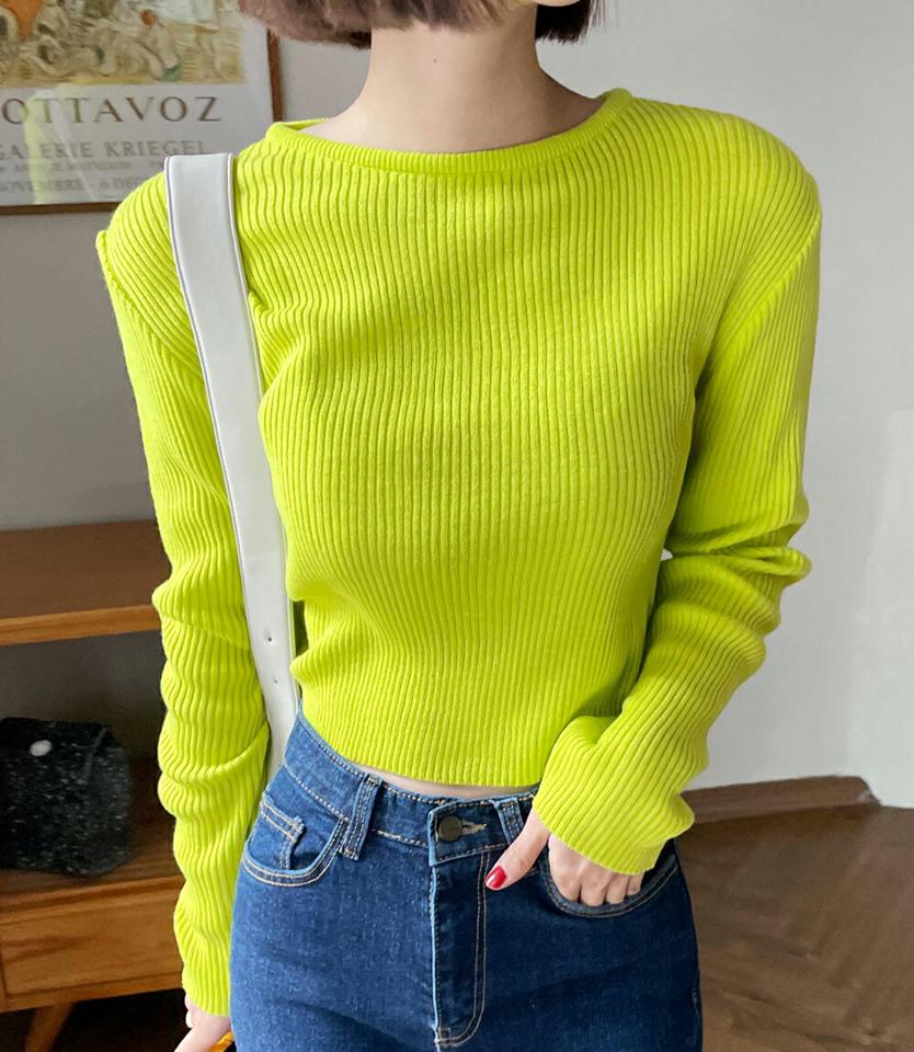 【只今10%OFF】リブクロップドニット・全5色・t66153 レディース 【tops】韓国ファッション トップス ニット 大人 長袖 ラウンドネック リブ クロップド丈 カラーニット スリム シンプル 体型カバー フェミニン カジュアル 秋 冬【ニットセール】