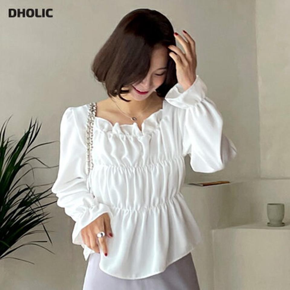 スクエアシャーリングブラウス・全4色・t66151 レディース 【bl】韓国ファッション トップス ブラウス 長袖 スクエアネック シャーリング パフ フリル ギャザー 無地 シンプル カジュアル フェミニン 体型カバー ガーリー 春 秋 冬