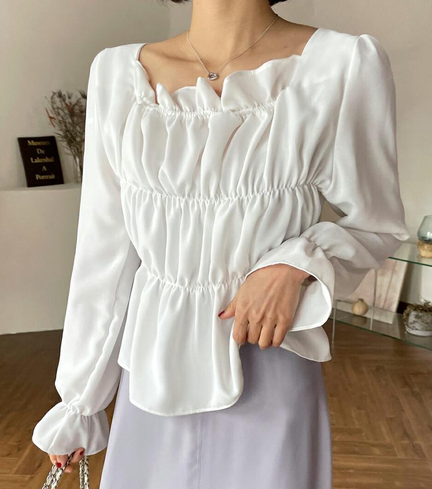 スクエアシャーリングブラウス・全4色・t66151 レディース 【bl】韓国ファッション トップス ブラウス 長袖 スクエアネック シャーリング パフ フリル ギャザー 無地 シンプル カジュアル フェミニン 体型カバー ガーリー 春 秋 冬