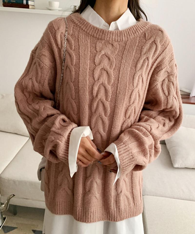 ラウンドネックケーブルニット・全5色・b65361 レディース 【tops】韓国ファッション トップス ニット 大人 長袖 ラウンドネック ケーブル編み ドロップショルダー カラーニット ルーズ シンプル 体型カバー フェミニン カジュアル 秋 冬