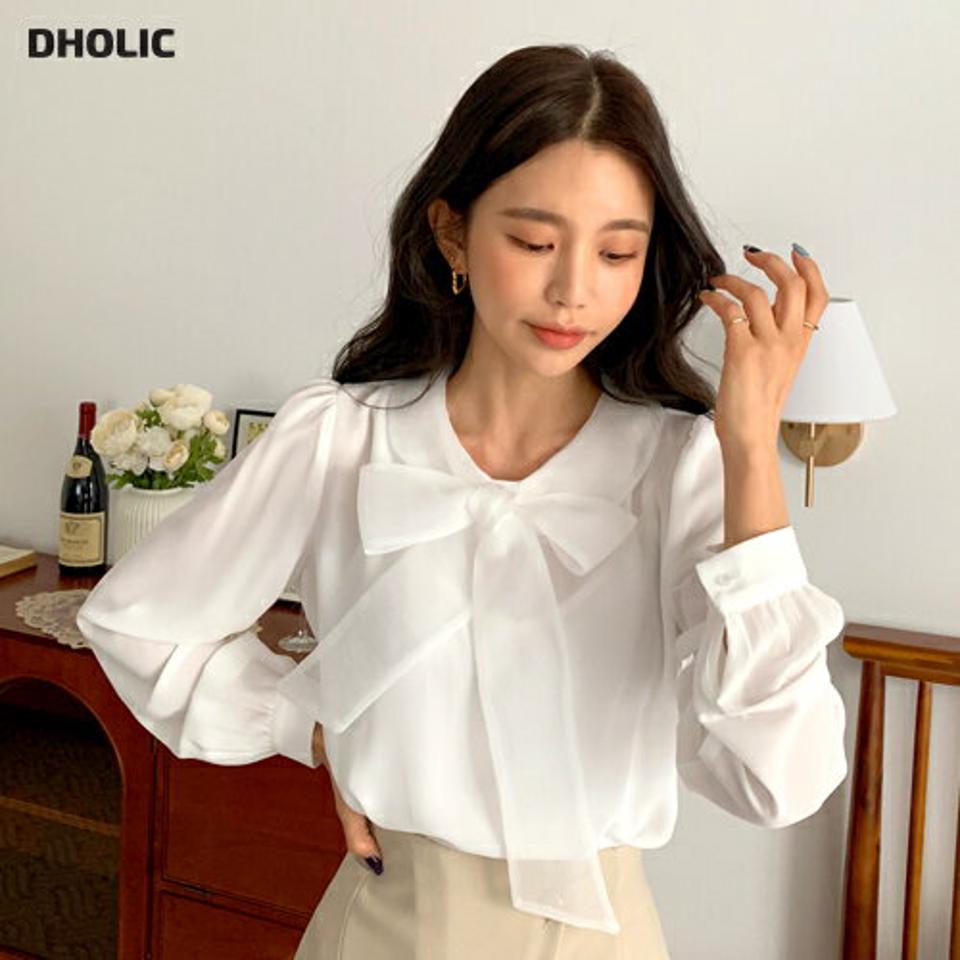 シースルータイブラウス・全2色・t65336 レディース 【bl】韓国ファッション トップス ブラウス 長袖 ラウンドネック シースルー タイ ギャザー パフスリーブ 無地 シンプル カジュアル フェミニン ガーリー 学校行事 オフィスカジュアル 春 秋 冬