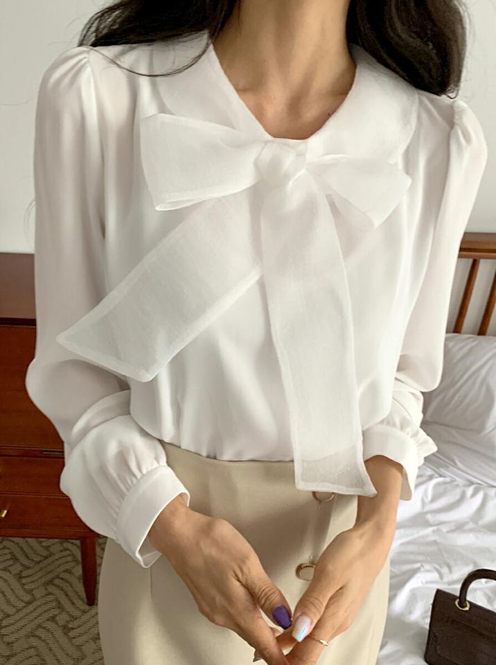 シースルータイブラウス・全2色・t65336 レディース 【bl】韓国ファッション トップス ブラウス 長袖 ラウンドネック シースルー タイ ギャザー パフスリーブ 無地 シンプル カジュアル フェミニン ガーリー 学校行事 オフィスカジュアル 春 秋 冬